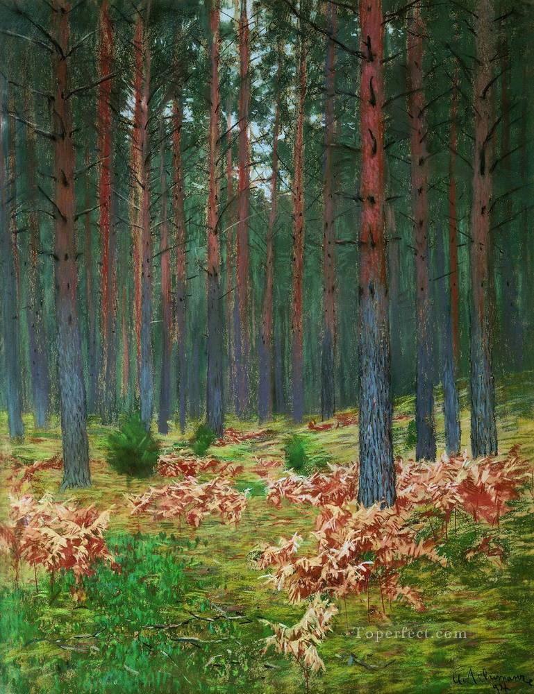 シダのある風景 アイザック レヴィタン 森の木の風景油絵